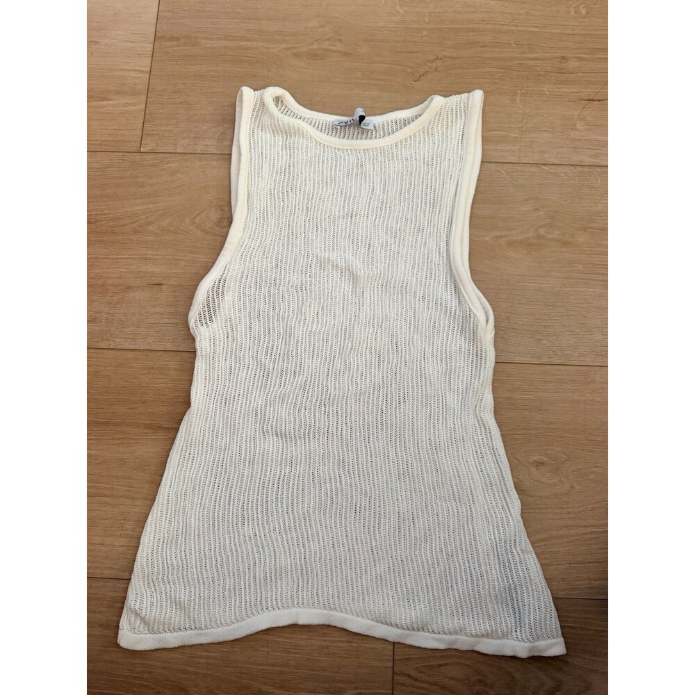 Zara Womens White Open Knit Tank Top Size Small S Sleeveless Crochet Sweater
